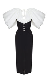 SLIT MIDI DRESS IN BLACK AND WHIRT